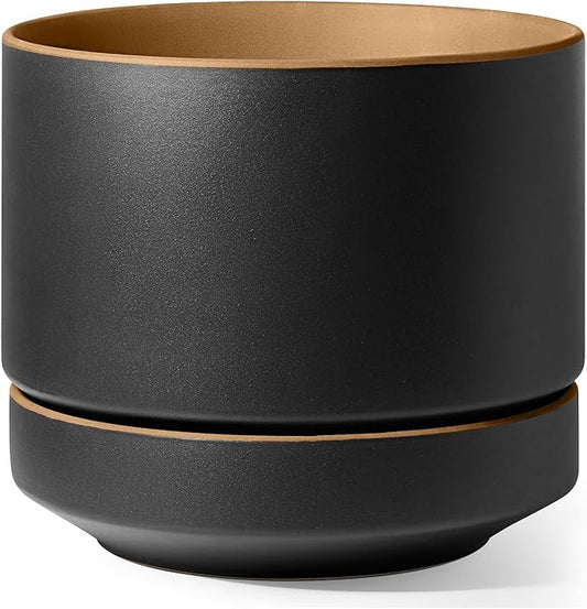 LE TAUCI 12 Inch Pot for Plants with Saucer, Ceramic Indoor Planter Pot with Drainage Hole, Mesh Pad & Plug Included, Matte Glazed Outside, Modern for Home and Office, Obsidian Black & Ochre