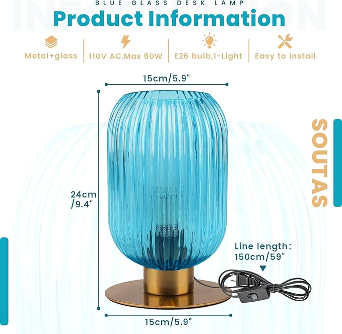Nightstand Lamps Set of 2, Small Vintage Table Lamp with Gold Metal Base, Coastal Blue Glass Bedside Lamp Decorative Desk Lamp for Bedroom Living Room Study Room