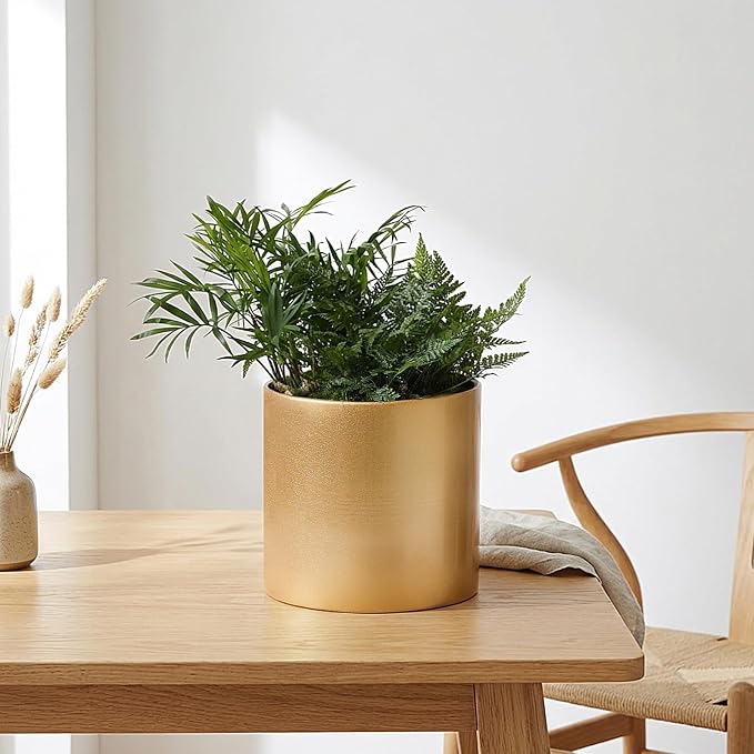 Gold Metal Plant Pot with Drainage Hole,7 Inch Mid Century Modern Small Pot Indoor Outdoor Planters for Succulents, Flowers & Home Decor Gift Window Living Room Bedroom