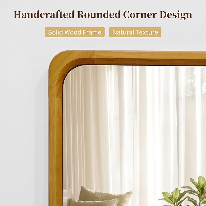 Tanmicoshomy Natural Wood Bathroom Mirror 24 x 36 Inch, Solid Wood Framed Rectangle Mirrors with Tempered Glass for Living Room Bedroom Office or Entryway