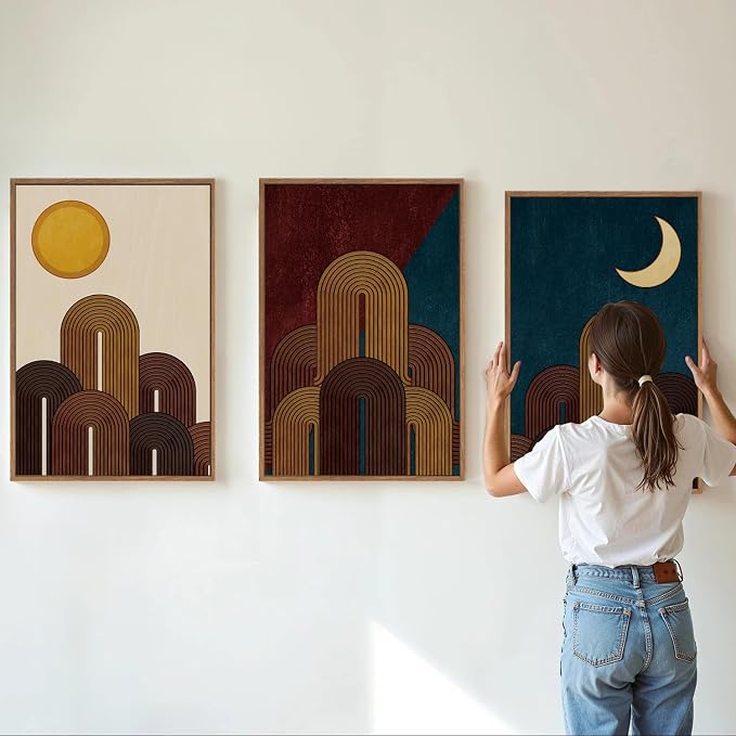 KaiWithYuan Mid Century Modern Framed Canvas Wall Art, Boho Minimalist Geometric Arch Wall Decor, Sun and Moon Art Paintings, Retro Abstract Mountains Artwork for Bedroom Living Room Office 16"x24"x3