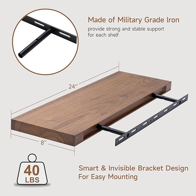 Axeman Walnut Floating Shelves - 24 Inch Wide x 8 Inch Deep USA-Sourced Walnut Wood Shelves Set of 2 - Natural Wooden Shelves with Heavy-Duty Bracket, Wall Mounted for Room Wall Decor