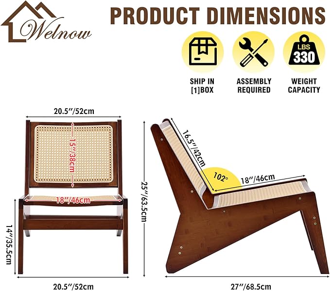 Welnow Mid Century Rattan Accent Chair, Bamboo Wood Lounge Chair with Woven Cane Backrest, Low Armchair for Living Room, Bedroom, Balcony or Reading Corner, Walnut