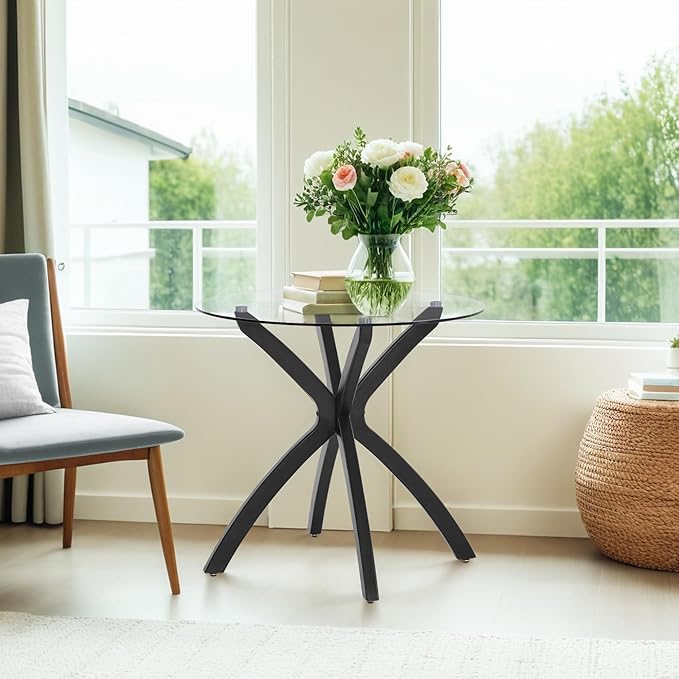 ivinta Small Glass Dining Table for 2-4, 31.5-Inch Round Coffee Table with Tempered Glass Top and Solid Wood Legs, Mid-Century Modern Kitchen Table for Dining Room, Living Room CURD-80 (Black)