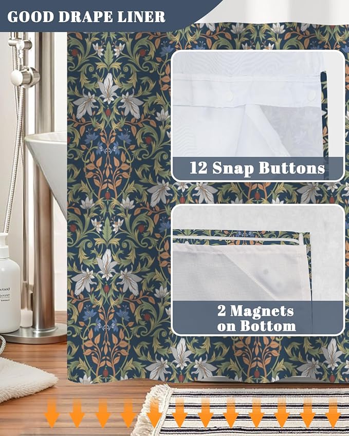 No Hook Shower Curtain and Snap in Liner Set - Vintage William Morris Floral Botanical Pattern Shower Curtains for Modern Farmhouse Bathroom, Mesh Top Waterproof Bath Curtain, 71Wx74H
