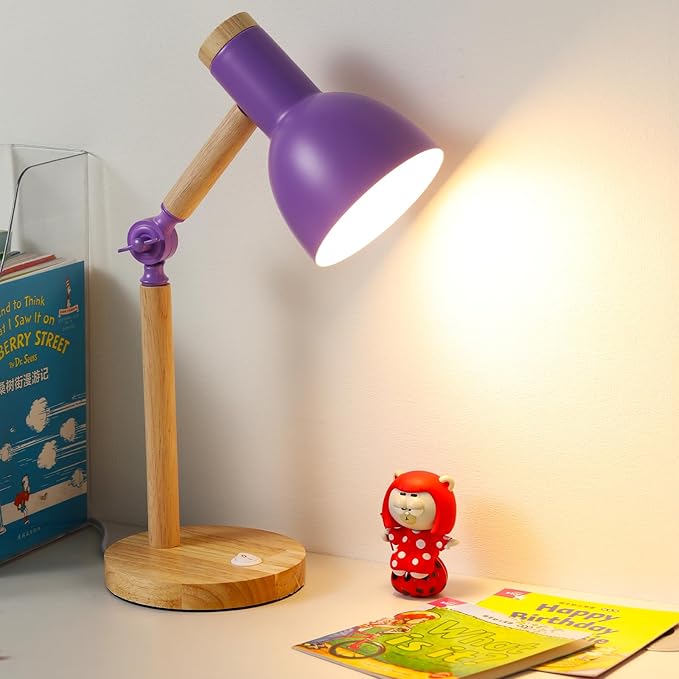 Table Lamp,Small Wood Desk Light, Tri-Color 5W Wooden Desk Lamp,Dorm Lamp,Eye Protection Desk Lamp,Metal Shade Suitable for Living Room, Bedroom,Students' Dormitory and Study Room (Purple)