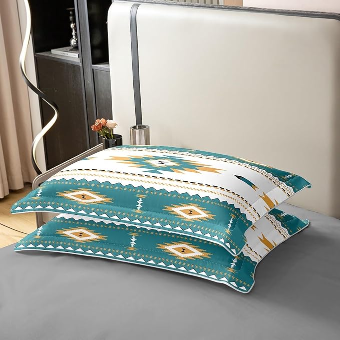 100% Cotton Boho Lattice Duvet Cover Queen, Aztec Bedding Set, Bohemian Navajo Ethnic Retro Yellow Striped Exotic Western Tribal Comforter Cover Teal Medallion Egyptian Bedroom Decor Quilt Cover