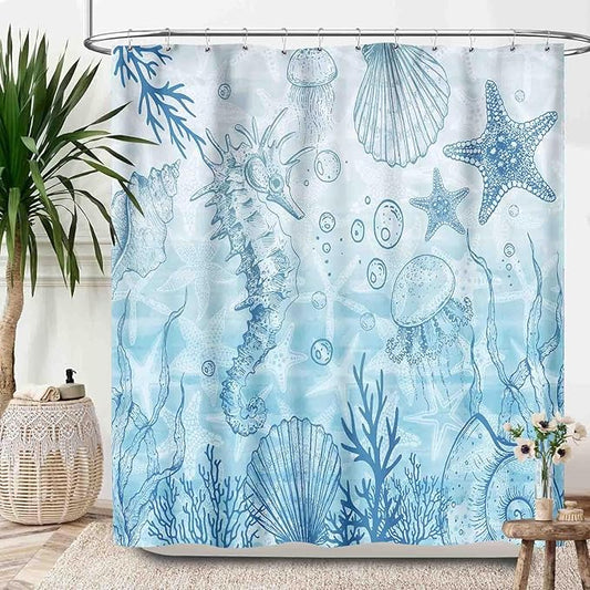 Sea Turtle Shower Curtains,Coastal Nautical Beach Theme Blue Tropical Beachy Under The Sea Animal Bathroom Set Accessories Decor with Hooks,72x72Inch