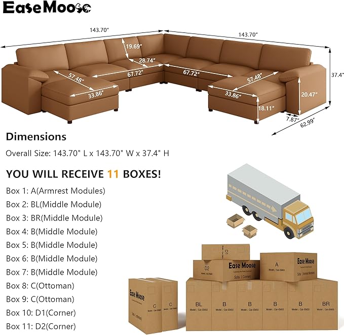 EASE MOOSE Oversized U Shaped Couch,Modular Sectional Convertible Sofa with Wide Deep,Extra Large Faux Leather Scratch Resistant Modern Couch for Big Spaces,Brown