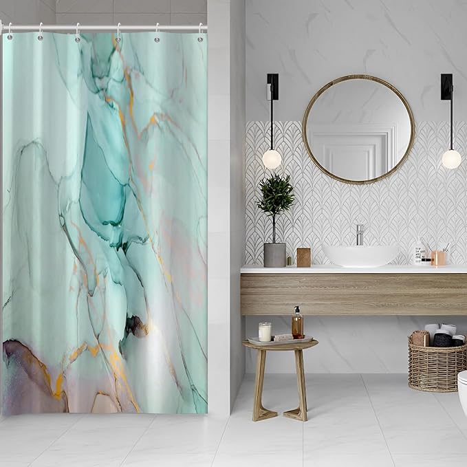 Turquoise Shower Curtain, Modern Teal Marble Shower Curtain for Bathroom Aesthetic Ink Texture Waterproof Shower Curtain Set with Hooks, 54x72 Inch