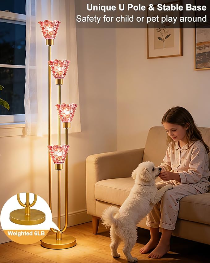 4-Light Modern Glass Floor Lamp, Gold Tall Standing Lamp with Deep Red Flower Glass Shade, Dimmable LED Floor Lamp with Line Control &5Lbs Heavy Base for Living Room Bedroom, Bulb Included