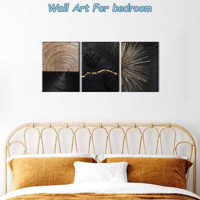 Pennimor 3Pcs Framed Retro Wood Grain Abstract Wall Art, Simple Geometric Line Wood Wall Decor, Black and Brown Modern Minimalist Artwork Printing for Bathroom Bedroom Living Room Home Office 20x28in