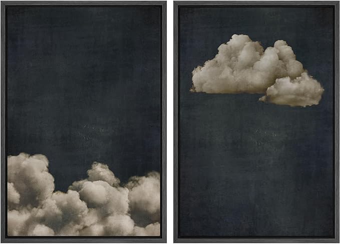 MUDECOR Framed Canvas Print Wall Art Vintage Cloudscape Dark Moody Sky with Floating Clouds Illustrations Modern Art Decorative Chic for Living Room, Bedroom, Office - 24"x36"x2 Black