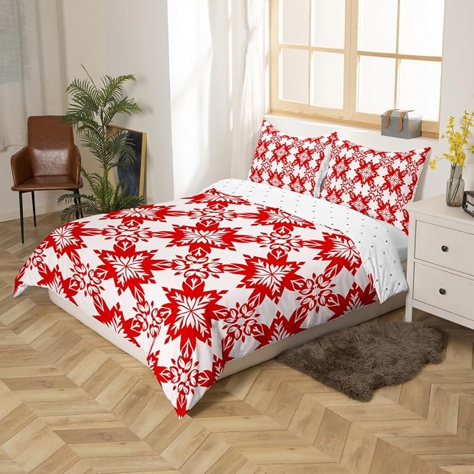 Red Geometric Floral Comforter Cover King for Kids Teens Adults,Classical Damask Flower Duvet Cover,Retro Vintage Art Bedding Set,Mid Century Aesthetic Bed Set with 2 Pillowcases Bedroom Decor
