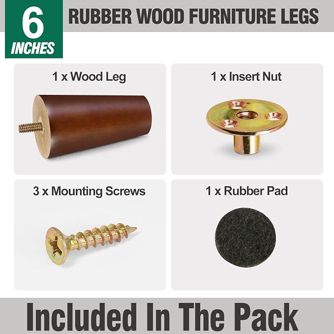FoDau770 Brown Rubber Wood Furniture Legs 6 Inches, 5/16" UNC Straight Tapered Wood Feet Mid Century Sofa Legs, Wooden Furniture Feet Replacement Parts for Cabinet Couch Dresser Chair Ottoman Table
