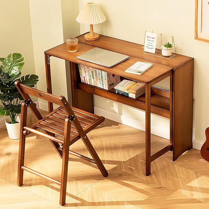Solid Wood Folding Desk Walnut,Mid Century Modern Desk,Foldable Writing Computer Desk for Home Office,Study Desk with Storage Shelf for Small Spaces