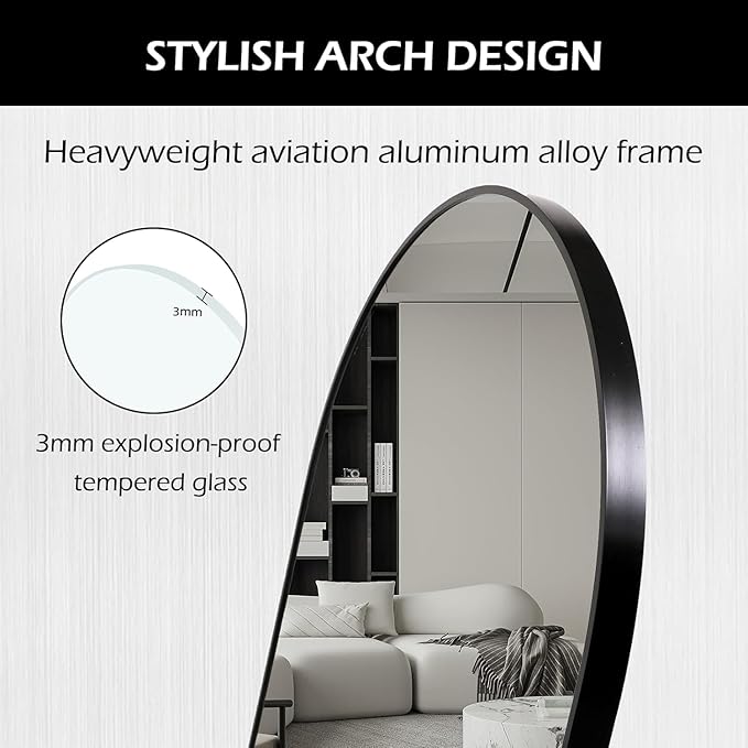 Arched Full Length Floor Mirror, Oval Full Floor Mirror, Large Wall Mounted Arched-Top Body for Living Room, Bedroom, Bathroom, Entryway, Dressing Room (Black, 64 * 21)