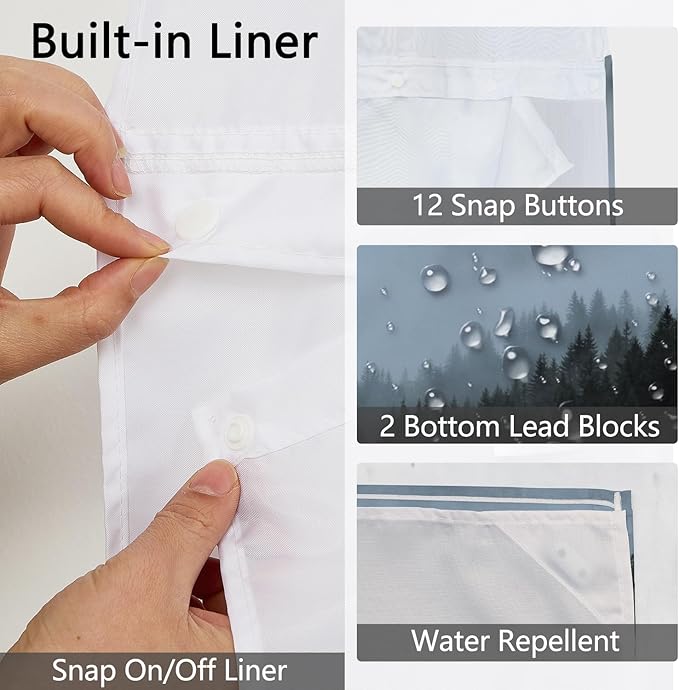 No Hook Forest Shower Curtain with Snap in Fabric Liner, Scenery Foggy Woodland Pattern, Blue Misty Forest Shower Curtains for Modern Bathroom, See Through Top Window, 71x74 Inch