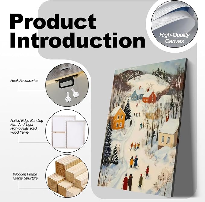 Framed Winter skiing Scene Canvas Wall Art Nordic Landscape Painting Print Poster Picture Gallery Wall Decoration Living Room Bedroom Dining room 16X24 Inch Ready to Hang