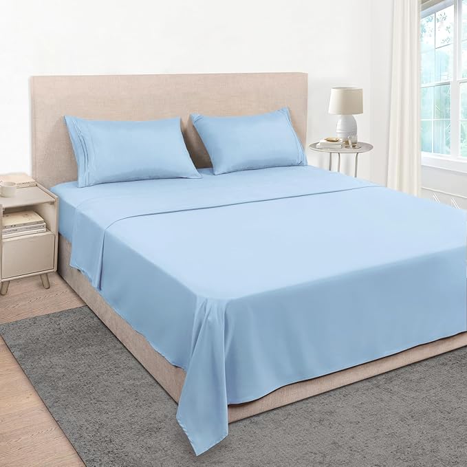 Mejoroom King Size Bed Sheet Set - Hotel Luxury 1800 Bedding Sheets & Pillowcases - 16" Deep Pocket Fitted Sheet, Soft, Breathable, Wrinkle & Fade Resistant - 4 Piece(King, Light Blue)