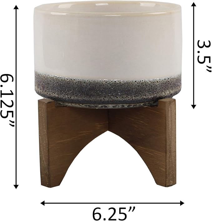 Flora Bunda Mid Century 5.1 inch Lava Ceramic ON Wood Stand,Grey
