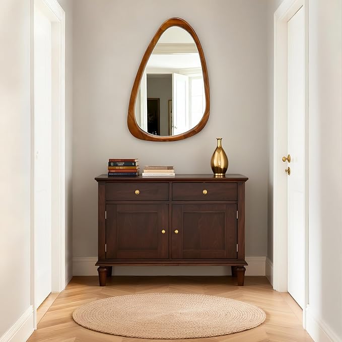 Asymmetrical Mirror, 30"x20" Unique Irregular Wall Mirror, Wood Mid Century Modern Mirror Decor for Bathroom Bedroom Living Room Entryway Hallway (Natural Wood)