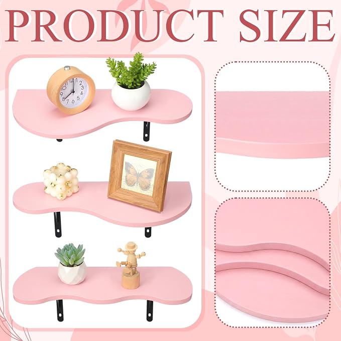 AceOrbit 3 Pcs Pink Floating Shelves Wavy Cloud Shelves Cute Wooden Shelf Live Edge Wall Mount Shelf Kawaii Pastel Room Decor Bookshelves Organize for Bedroom Living Room Home Decor Housewarming Gifts