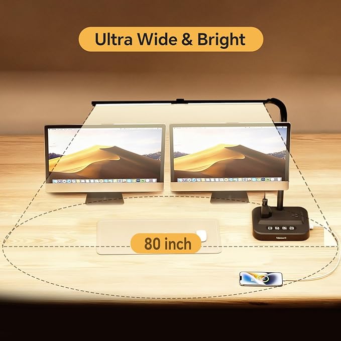 Adjustable LED Desk Lamp for Home Office | Integrated Power Hub with 2 Wide-Spaced AC Outlets, USB-C & USB-A Charging Ports | Anti-Glare Light, Foldable Design & Surge Protection
