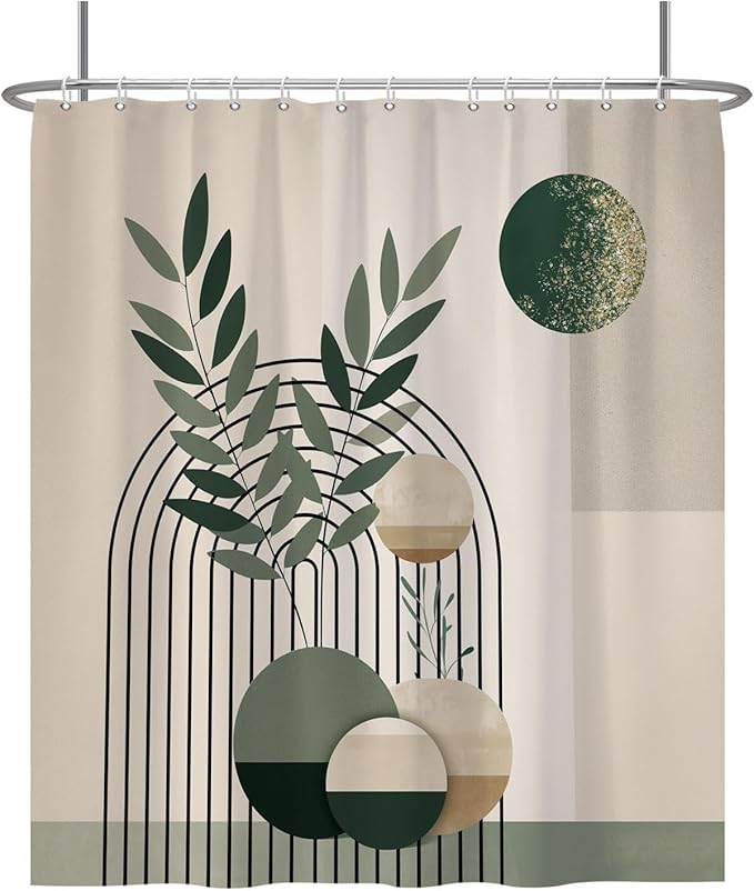 Baocicoo Mid Century Bohemia Green Moon Leaves Shower Curtain for Bathroom - Geometric Aesthetic Bathtub Decor - Polyester Durable Shower Curtain with Hooks - 72x78 Inches