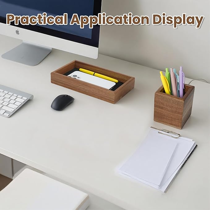 Wooden Pencil Holder with Desk Drawer Organizer Tray, Silicone Anti-Slip Pen Holder Set Aesthetic Desk Accessories for Office Home Supplies