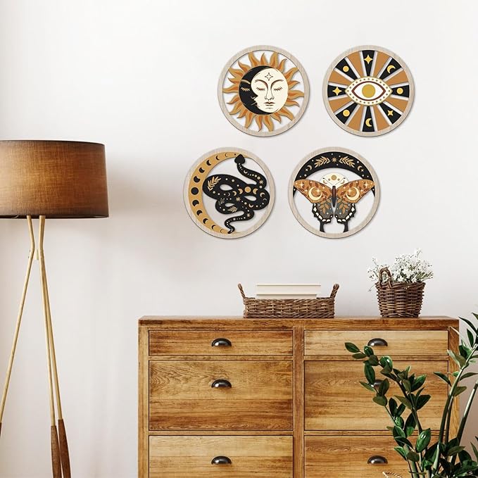 TOARTi 4Pieces Black Gold Gothic Wooden Wall Art, Mystical Witchy Sun Moon Butterfly Round Wall Decor,Boho Celestial Hanging Sign, Modern Aesthetic Mystical Snake Evil Eye Artwork