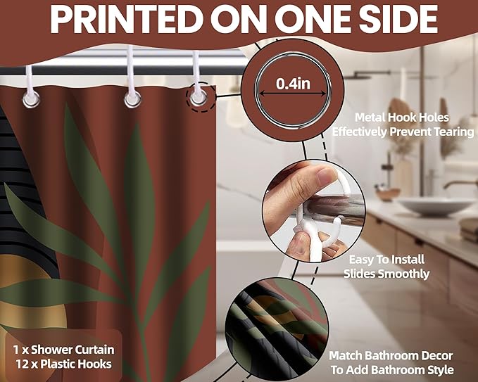 Boho Orange Shower Curtain, Mid Century Modern Green and Orange Shower Curtains for Bathroom, Waterproof Fabric Set with Hooks, 70" W x 72" L