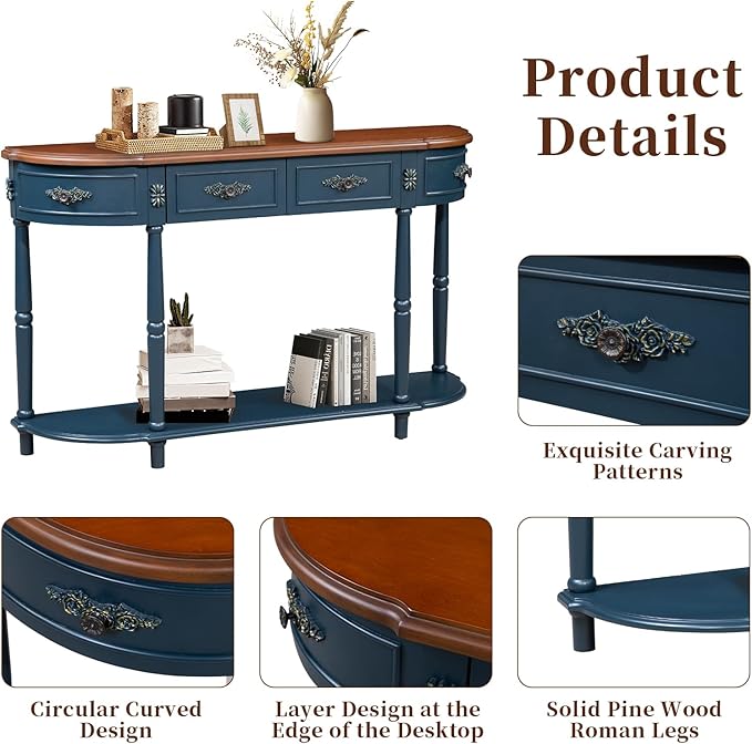 Retro Curved Console Table, 52" Half Moon Sofa Entryway With 2 Drawers 1 Open Shelf, Solid Pine Legs for Living Room, Hallway, Navy Blue