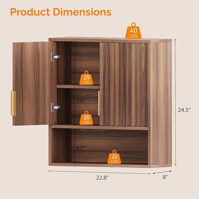 VINGLI Bathroom Wall Cabinet, Walnut Fluted Medicine Cabinet with Doors, Wall Mounted Storage Cabinet Over Toilet with Adjustable Shelf, Mid-Century Hanging Organizer for Kitchen, Laundry