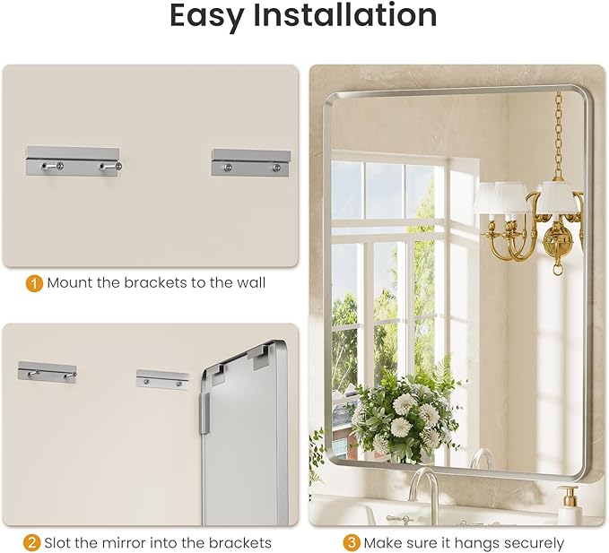 24x36 inch Brushed Nickel Bathroom Mirror, Silver Metal Framed Rounded Rectangle Wall Mount Vanity Mirror, HD Tempered Glass, Aluminum Frame, Horizontal or Vertical Hanging, Modern Home Decor