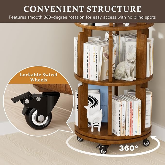 6 Tier Rotating Bookshelf Tower, 360° Spinning Bookcase with Wheels, Solid Wood Round Revolving Shelf for Living Room, Office, Small Spaces, Ergonomic Design for Kids & Adults