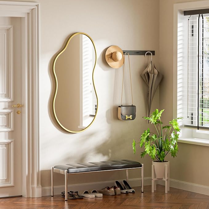 20”x 32” Gold Irregular Wall Mirror, Modern Bathroom Mirror, Aluminum Metal Framed, Wall Mirrors Decorative for Living Room Bedroom Entryway (Horizontal/Vertical)