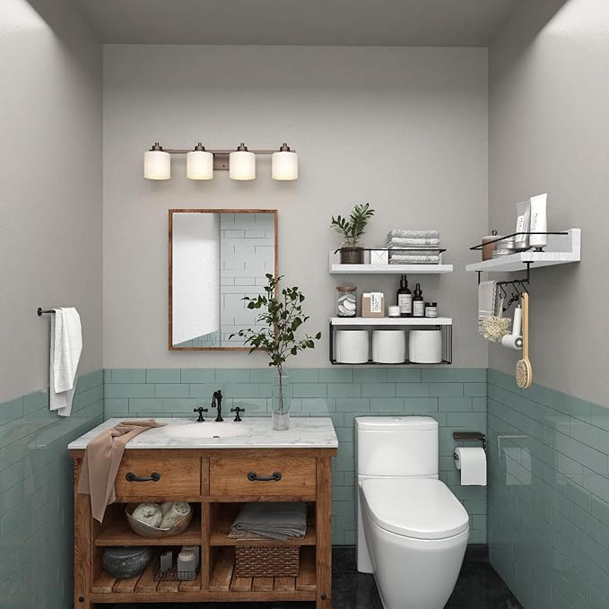 Bathroom Shelves Over Toilet for Wall, Floating Shelves with Storage Basket Paper Holer for Kitchen Living Room, Bedroom & Classroom, Set of 3 (White and Black)