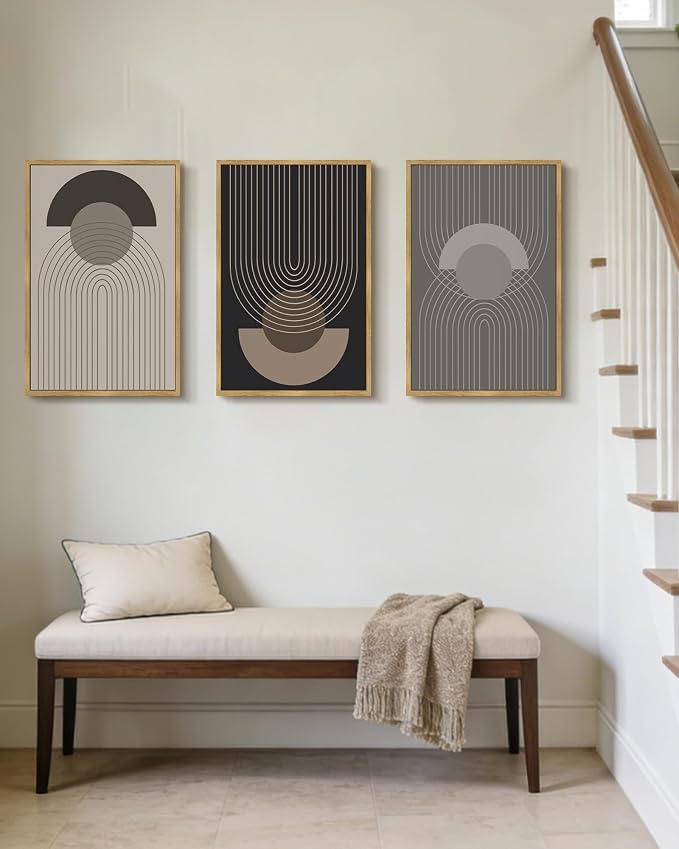 Boho Vintage Line Wall Art Framed Mid Century Bohemain Wall Decor Abstract Modern Artwork Home Office Living Room Prints Ready to Hang 16x24in Natural Framed