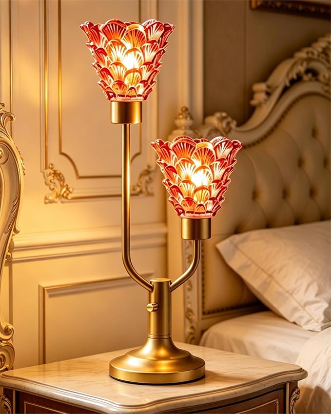 Lightdot Mid Century Modern Table Lamp for Living Room Dimmable Vintage Gold Desk Lamp Red Glass Nightstand Lamp 2 Bulbs Included Warmwhite Ambient Bedside Lamps for Bedroom Home Office Decor Gift