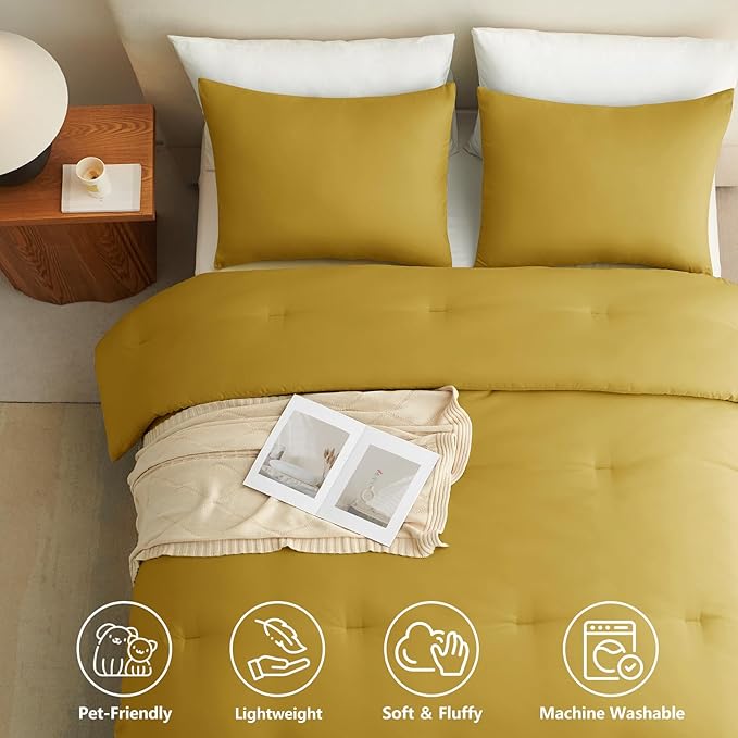 CozyLux King Size Comforter Set Mustard Yellow, 3 Pieces Lightweight Down Alternative Quilted Bedding Sets, All Season Soft Breathable Solid Comforter with 2 Pillowcases, Luxury Bed Set Gift for Home