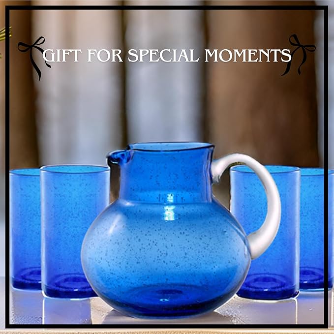 ARTLAND Iris 90oz Glass Pitcher & 17oz Highball Cup (Set of 4) - Handcrafted Drinkware, Unique Bubble Design Lead-Free Glass for Serving Beverages, Home Dining, Entertaining Essentials (Cobalt Blue)