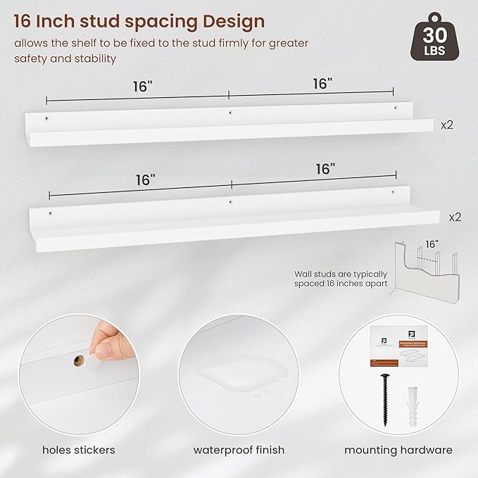 Axeman 30 Inch White Floating Shelves | Picture Ledge Shelf Set of 4 | Rustic Wood Wall Shelves with Lip | 30" White Picture Shelf for Wall with Ledge | Photo Shelves