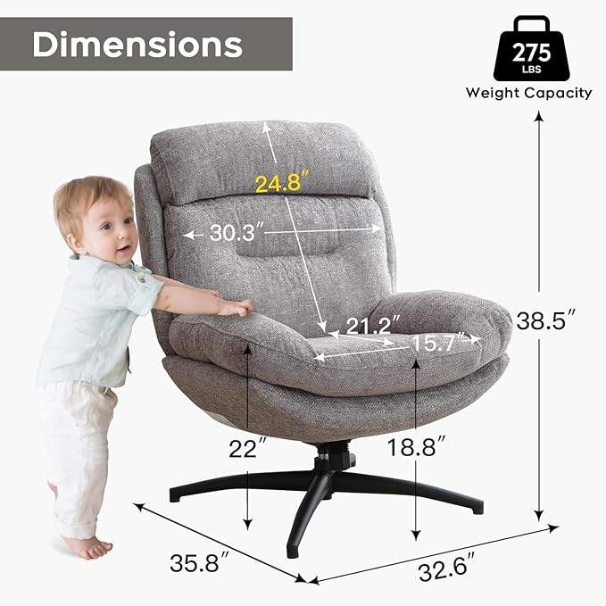 Swivel Accent Chair with Ottoman Set for Living Room, Chenille Comfy Reading Chair with High Back, TV Lounge Chair with 360 Degree Swiveling, Tilting for Bedroom, Modern Armchair with Footrest, Grey