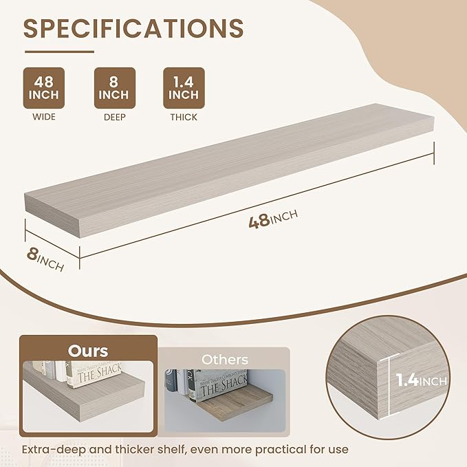 Dreamland 48 Inches Floating Shelves for Wall, 8" Deep Long Floating Shelves Set of 1, Large Display & Storage Shelf, Wall Shelf for Bathroom Bedroom Living Room Kitchen Office, Grey