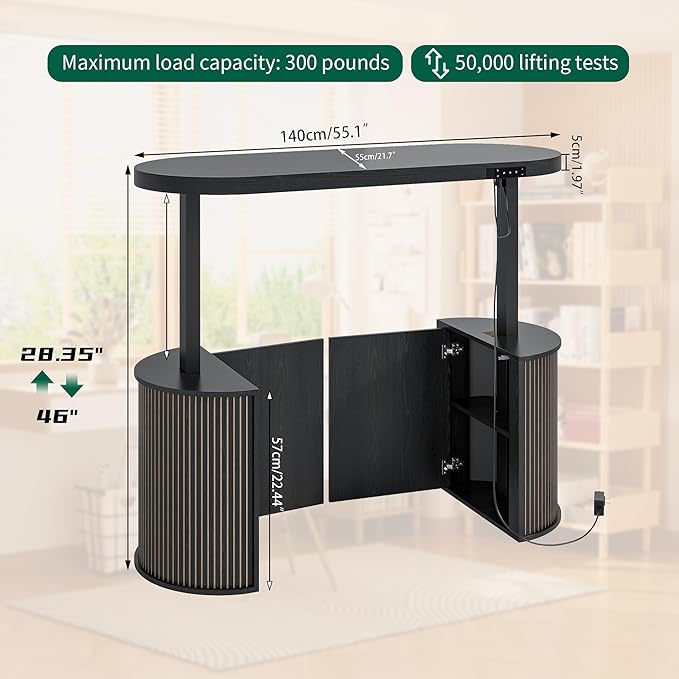 Mid Century Modern Electric Standing Desk with Storage, 55 x 22 Inch Small Sit Stand Up Desk, Wood Adjustable Height Computer Executive Desk for Home Office, Laptop, Black