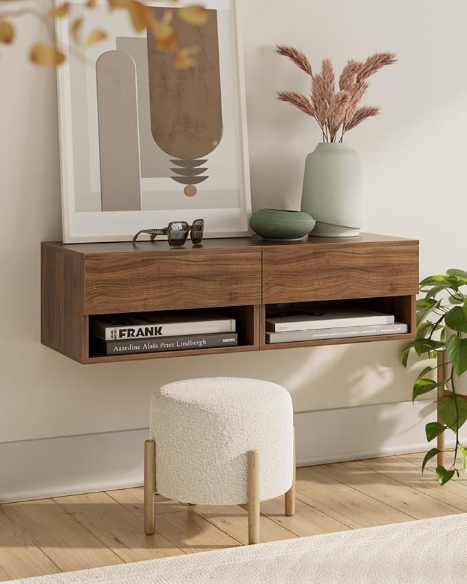 Floating Nightstand, Small Modern Floating Nightstand with Drawer, Floating Shelves for Bedroom, Bathroom (Brown Walnut)