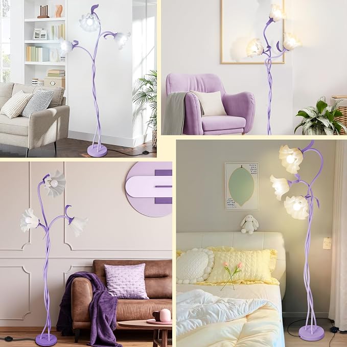 Flower Standing Lamp for Bedroom, Cute Corner Floor Lamp with Flexible Gooseneck, 3 Light Floor Reading Lamp with 3 Color Temperatures, Bulbs Included, Tall Floor Lamp for Living Room Corner(Purple)