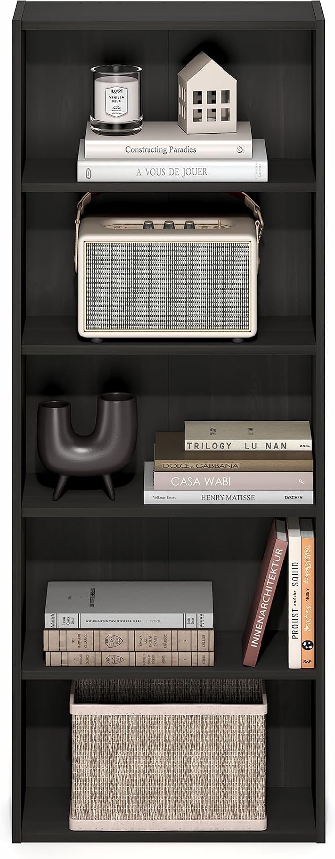 Furinno Basic Book Shelf, 5-Tier Bookshelf, Storage Organizer Bookcase with Open Shelf, 7 x 17 x 44, for Living Room, Bedroom, Home Office, Espresso