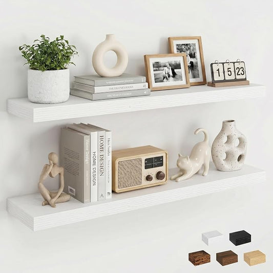 Dreamland 32inch Floating Shelves for Wall, Rustic White Floating Shelves for Bathroom|Bedroom|Kitchen, Deep Wall Mounted Book Shelf, Wood Storage Display Shelf for Home Decor, Set of 2